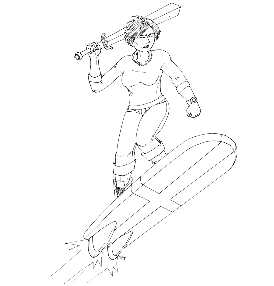 Sword-Wielding Athena on a Rocketboard